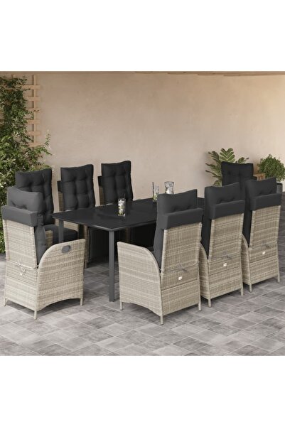 vidaxl Garden furniture set with cushions, 9 pieces, light grey, polyrattan