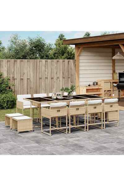 vidaxl Garden furniture set with cushions, 13 pieces, beige, polyrattan