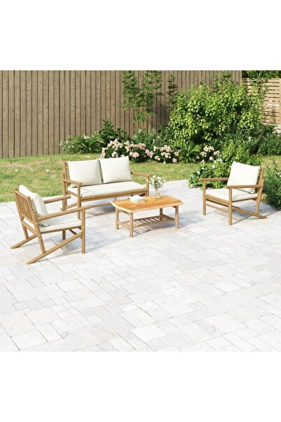 vidaxl Set mobilier de gradina, cu perne alb crem, 4 piese, bambus