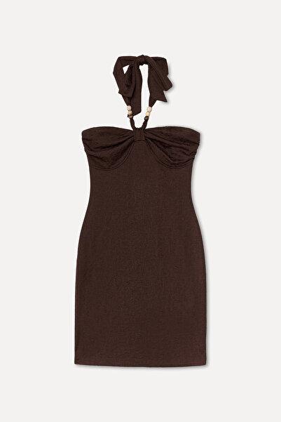 Mudo Women's Brown Neckline Detailed Fitted Mini Dress