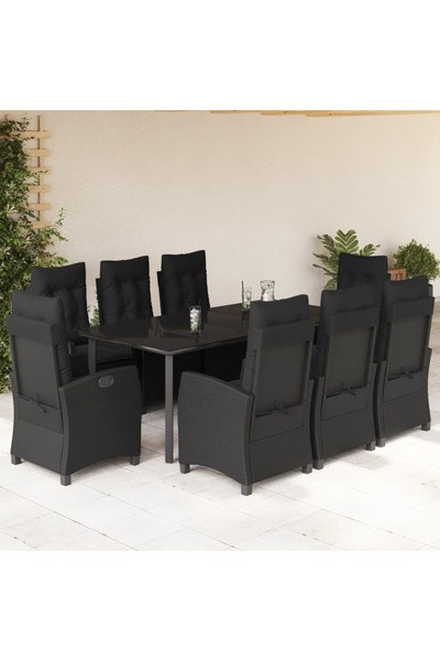 vidaxl Garden furniture set with cushions, 9 pieces, black, polyrattan