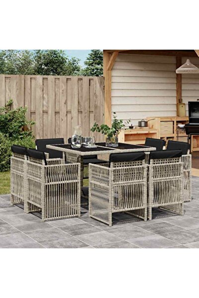vidaxl Garden furniture set with cushions, 9 pieces, light grey, polyrattan