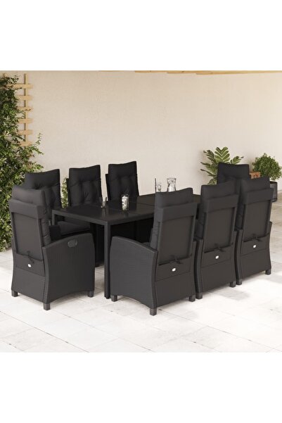 vidaxl Set mobilier de gradina cu perne, 9 piese, negru, poliratan