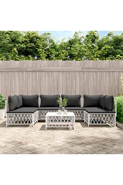 vidaxl Set mobilier de gradina cu perne, 7 piese, alb, otel