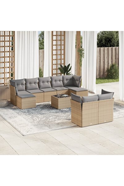 vidaxl Garden sofa set with cushions, 10 pieces, beige, polyrattan