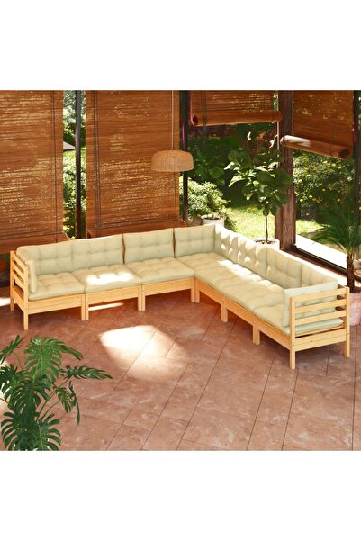 vidaxl Set mobilier gradina cu perne crem, 7 piese, lemn masiv pin