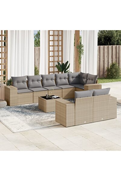 vidaxl Set canapele de gradina, 9 piese, cu perne, bej, poliratan