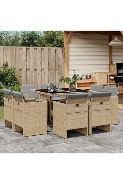 vidaxl Set de masa pentru gradina, 9 piese, cu perne, bej, poliratan