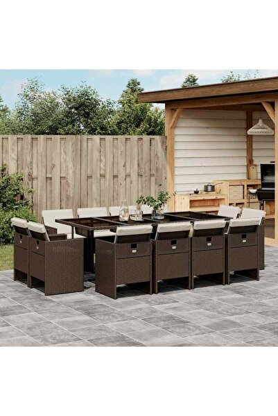 vidaxl Set mobilier de gradina, 13 piese, maro, cu perne, poliratan