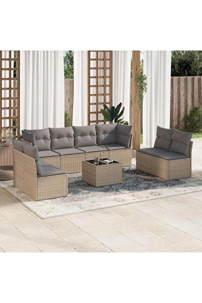 vidaxl Set canapele de gradina, 9 piese, cu perne, bej, poliratan