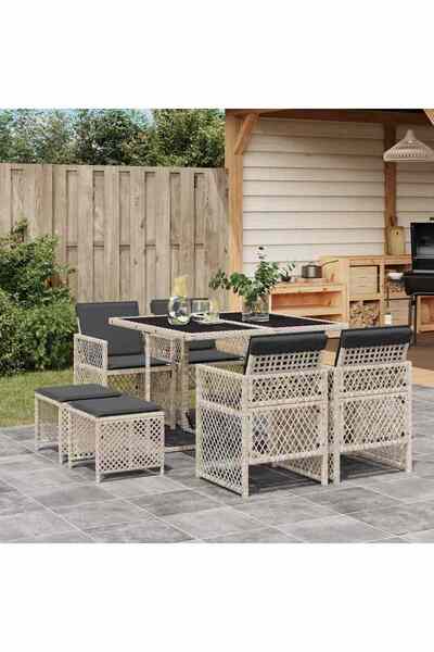 vidaxl Garden furniture set with cushions, 9 pieces, light grey, polyrattan
