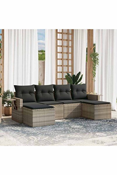 vidaxl Garden sofa set with cushions, 6 pieces, light grey, polyrattan