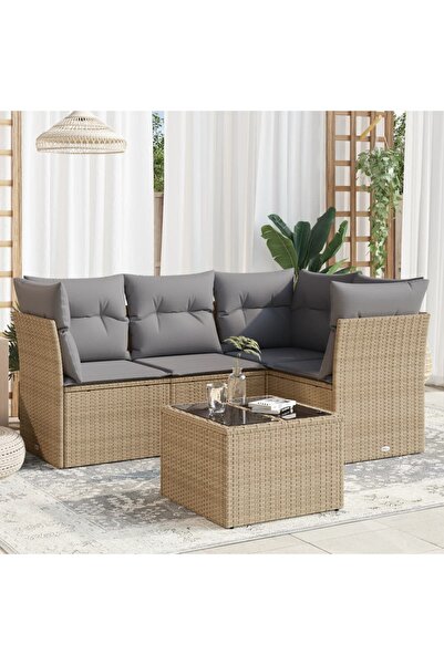 vidaxl Garden sofa set with cushions, 5 pieces, beige, polyrattan