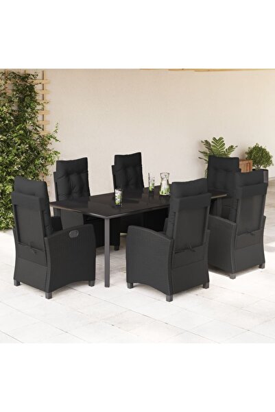 vidaxl Garden furniture set with cushions, 7 pieces, black, polyrattan