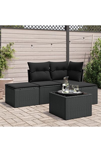 vidaxl Garden furniture set with cushions, 5 pieces, black, polyrattan