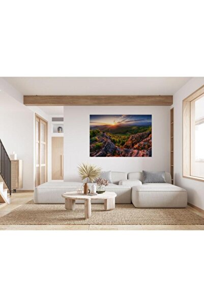 Zumzeria Tablou Canvas Panoramă Montană cu Răsărit Dramatic, cu Rocări și Păd...