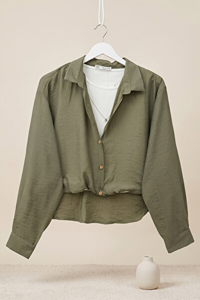 FERHEL Women's Crop Badyli Long Back and Front Gathered Shirt Set - Khaki