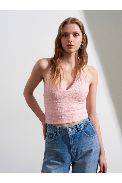 Dilvin 32690 Halter Neck Lace Detailed Top-Light Pink