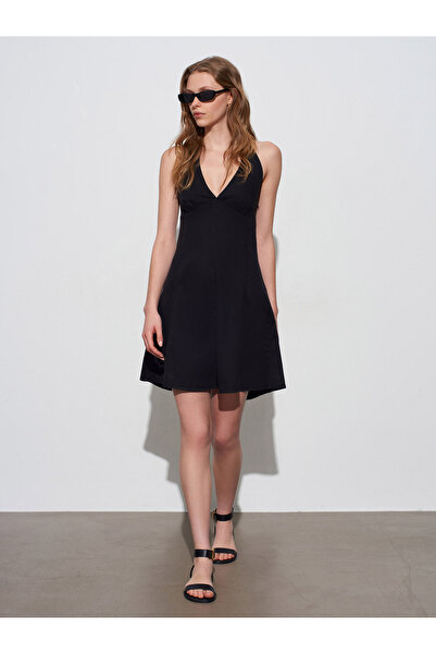 Dilvin 90568 Halter Neck Denim Mini Dress-Black