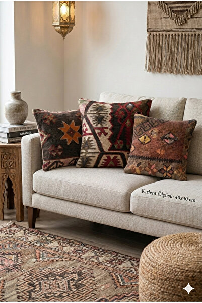 KIRLENT TEKSTİL Etnik Kilim Desenli El Dokuma Dekoratif Kırlent Kılıfı - 40x4...
