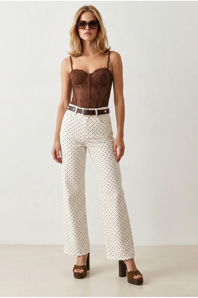 Olalook Women's White Brown Polka Dot Detailed Palazzo Gabardine Trousers Pnt...