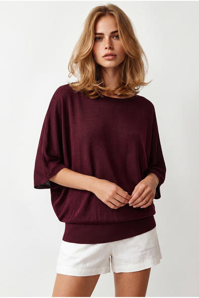 Olalook Women's Burgundy Waist Corseted Bat Model Viscose Knitwear Blouse Blz...