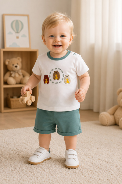Minelia Kids Baby Boy 100% Cotton Capybara Embroidered T-Shirt and Shorts 2-Piece Set - White-Mint Green 6-18 Months