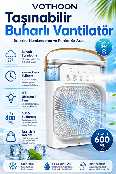 Vothoon Taşınabilir Işıklı 5 Spreyli Vantilatör Buzlu Buharlı Vantilatör Mini...