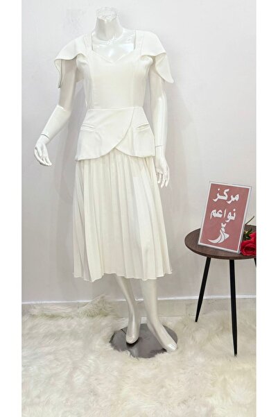 NAWAEIM Modern Evening Dress Midi Length Off White Color with Sexy Crushed De...
