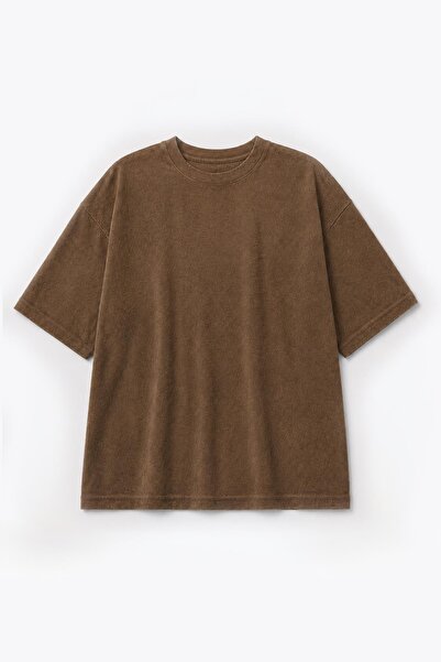 VAMOSCLO Süet Dokulu Basic Oversize Tişört Camel
