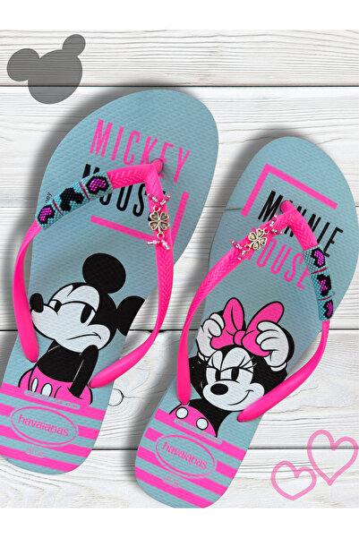 Ebusand Blue Women Slim Flip Flops with Hand Beaded Cartoon Charms, Beaded Co...