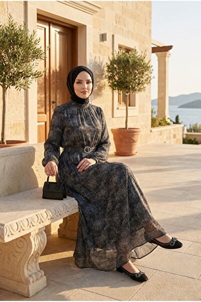 PALME D'OR Women's Chiffon Patterned Belted Hijab Dress Stylish Long Dress