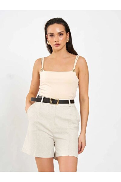 Lefon Women's Beige Linen Belted High Waist Shorts