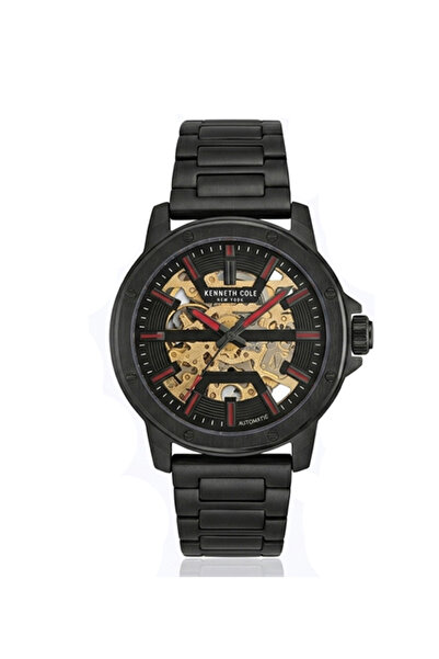 Kenneth Cole ساعة نيويورك للرجال أوتوماتيكية بهيكل عظمي باللونين الأسود والأح...