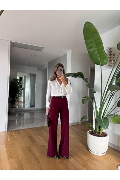 MERVE AKSOY Moss High Waist Belted Trousers - Burgundy