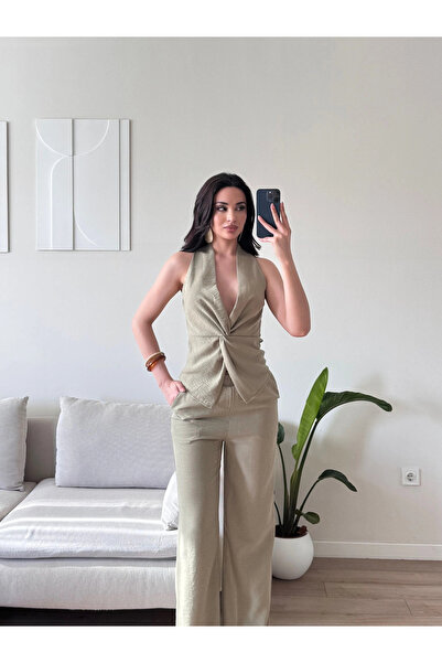Zoom Butik Ön Burgu Keten İkili Takım - YEŞİL