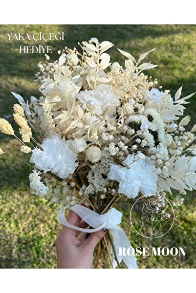 Tasarım ROSEMOON Natural Beyaz Şoklanmış Çiçek Gelin Buketi - Yaka Çiçeği Hed...