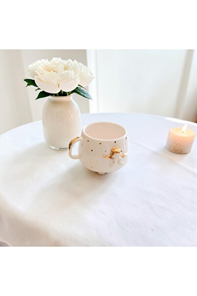 Özce Art Ceramic Atelier Handmade Mug with Angel Figure and 24K Gold Detail