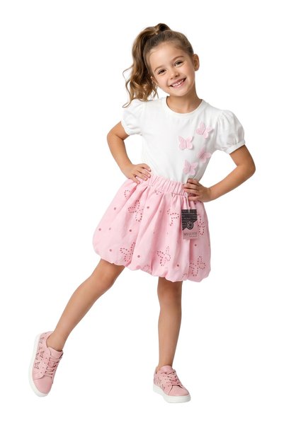 mycuess Girl's 2-Piece Set Butterfly Detailed T-Shirt Balloon Skirt 6-9 Years