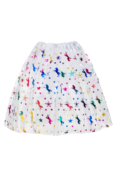 Zumzeria White Tulle Tutu Skirt with Holographic Stars & Unicorns for Kids