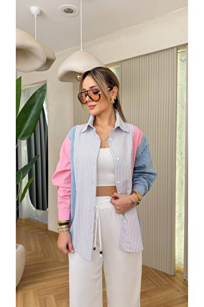 MATTİMODA Yeni Sezon Kot Detaylı Çizgili Gömlek