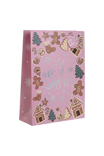Zumzeria Pink Christmas Gift Bag with Gingerbread Man Design "Let it snow" 30...