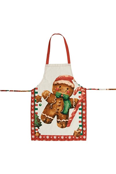Zumzeria Ecru Red Kitchen Apron with Gingerbread Man Pattern 75x50cm