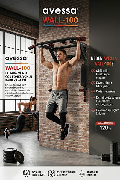 AVESSA WALL-100 Duvara Monte Çok Fonksiyonlu Barfiks Aleti - Sağlam Çelik Kon...