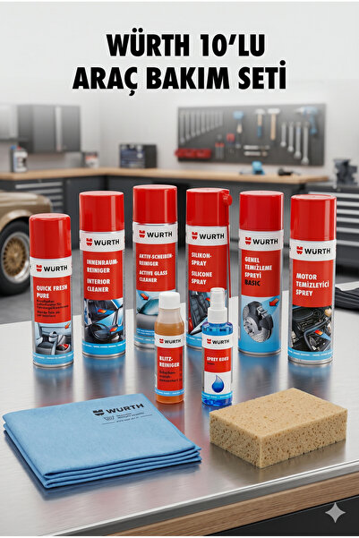Würth 10 Parça Profesyonel Araç İçi ve Dışı Detaylı Temizlik Bakım Seti (Moto...