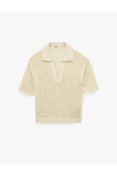 Koton Short Sleeve Polo Collar Openwork Crochet Sweater