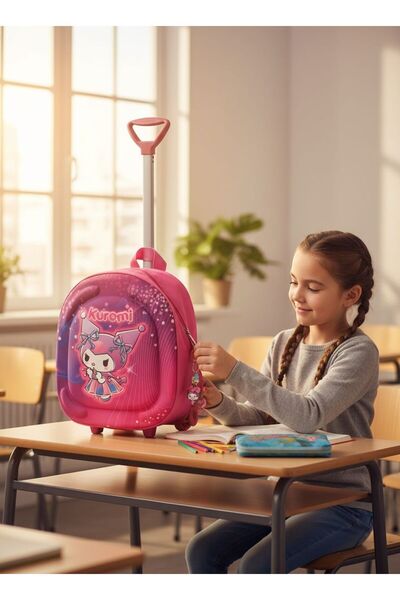 GİYU SHOP Kız Çocuk Anaokulu Kreş Çekçekli Tekerli 3d Eva Renkli Baskılı Sırt...