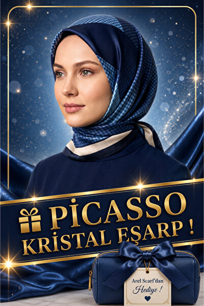 Picasso İpek Görünümlü Lacivert Kristal Eşarp – Twill Şık Tasarım 90x90