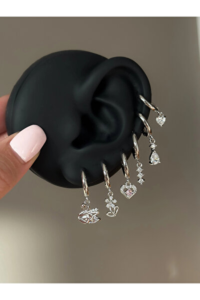 h&b design jewel Çelik Silver Kuğu Detay 6 Lı Küpe Seti