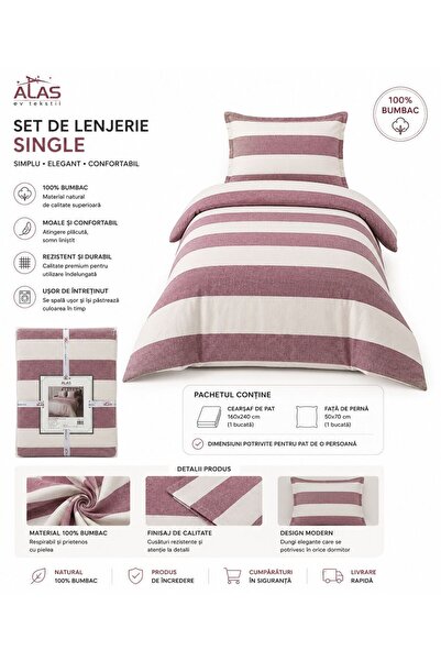 ALAS Set Lenjerie de Pat Single ALAS, 100% Bumbac, Model Dungi Roz Pudră/Crem, 3 Piese